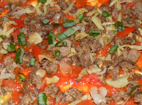Sauce, Hamburger, Onions, Peppers and Onion tops